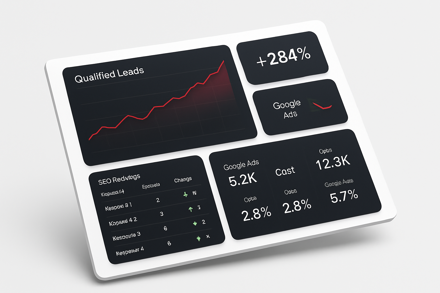 AQ Marketing client reporting dashboard showing local keyword rankings, calls, and cost-per-booked-call metrics